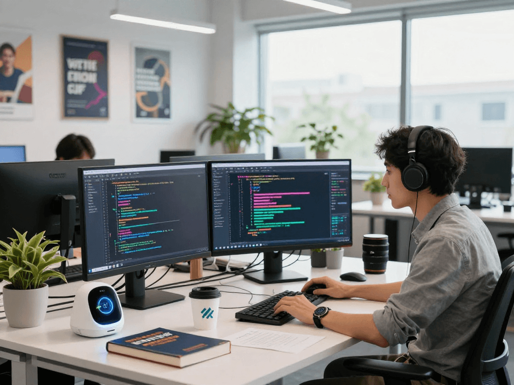 Dynamic coding workspace showcasing hot AI technology in a modern office.