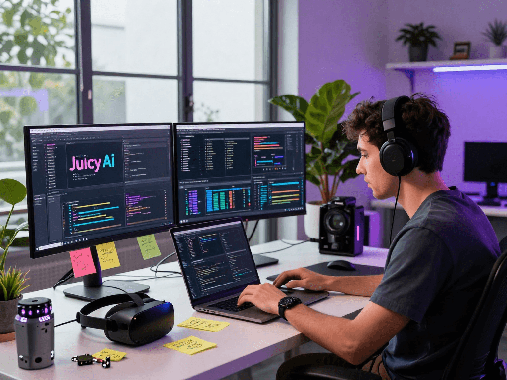 Juicy ai software analytics on large monitors in modern tech workspace.