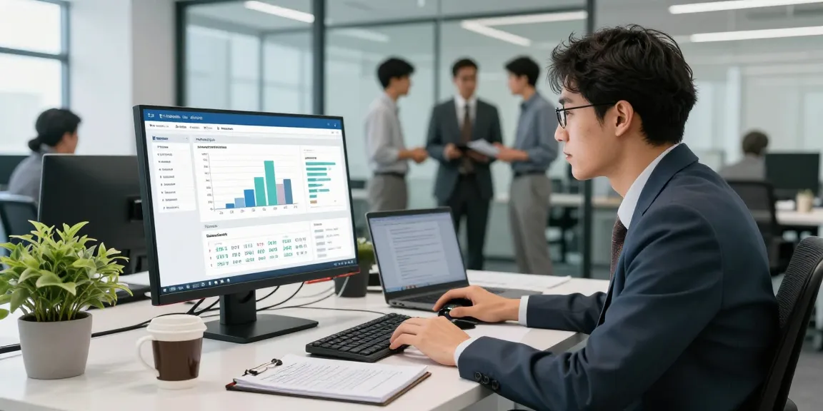 Focused analyst using document fraud detection system in a modern office.