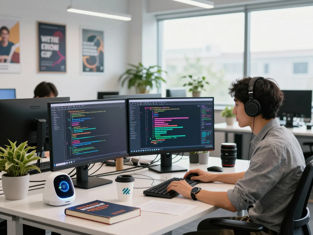 Dynamic coding workspace showcasing hot AI technology in a modern office.