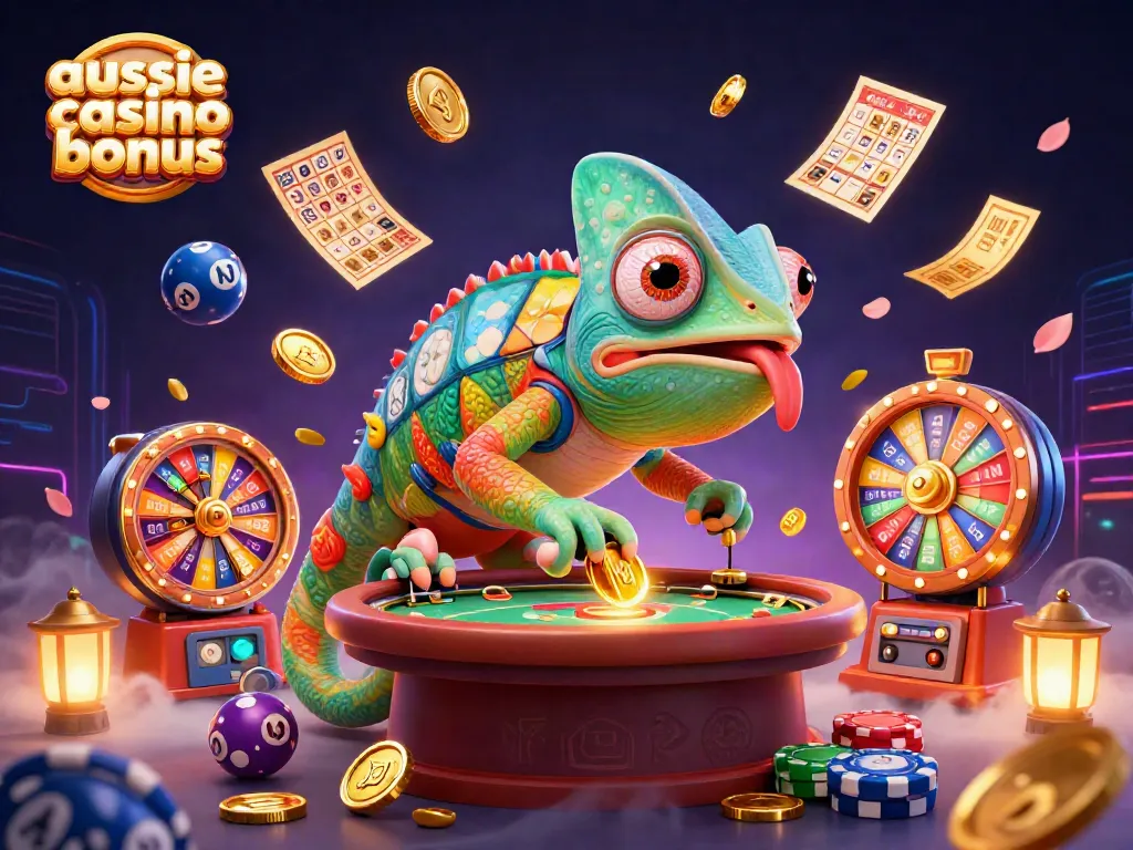 Engage in exciting casino fun with the aussie casino bonus showcased in a vibrant 3D scene featuring a chameleon casino owner and dynamic game elements.