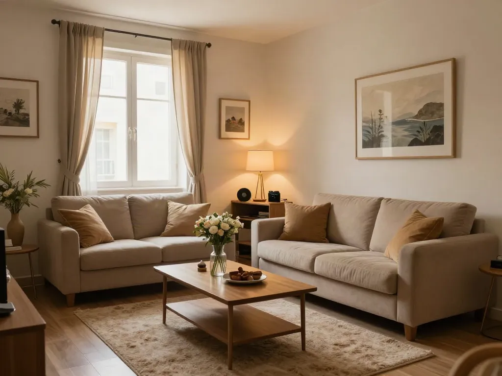 Cozy and inviting discreet apartment interior in northern Israel featuring stylish furnishings and warm lighting.