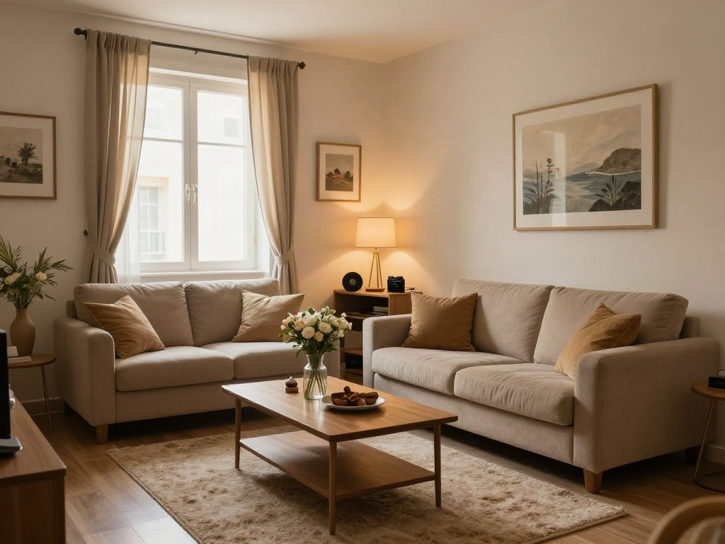 Cozy and inviting discreet apartment interior in northern Israel featuring stylish furnishings and warm lighting.