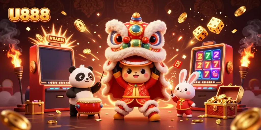 Experience U888's thrilling jackpot explosion amidst a vibrant celebration of Chinese New Year with colorful characters.
