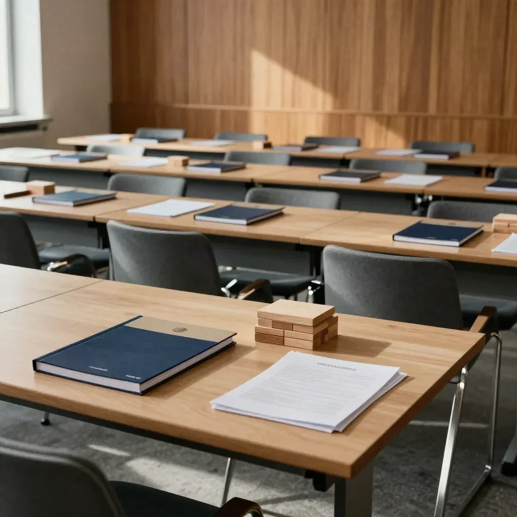 Aula di management vuota con manuali chiusi, cartelle caso-studio e sedute sfocate