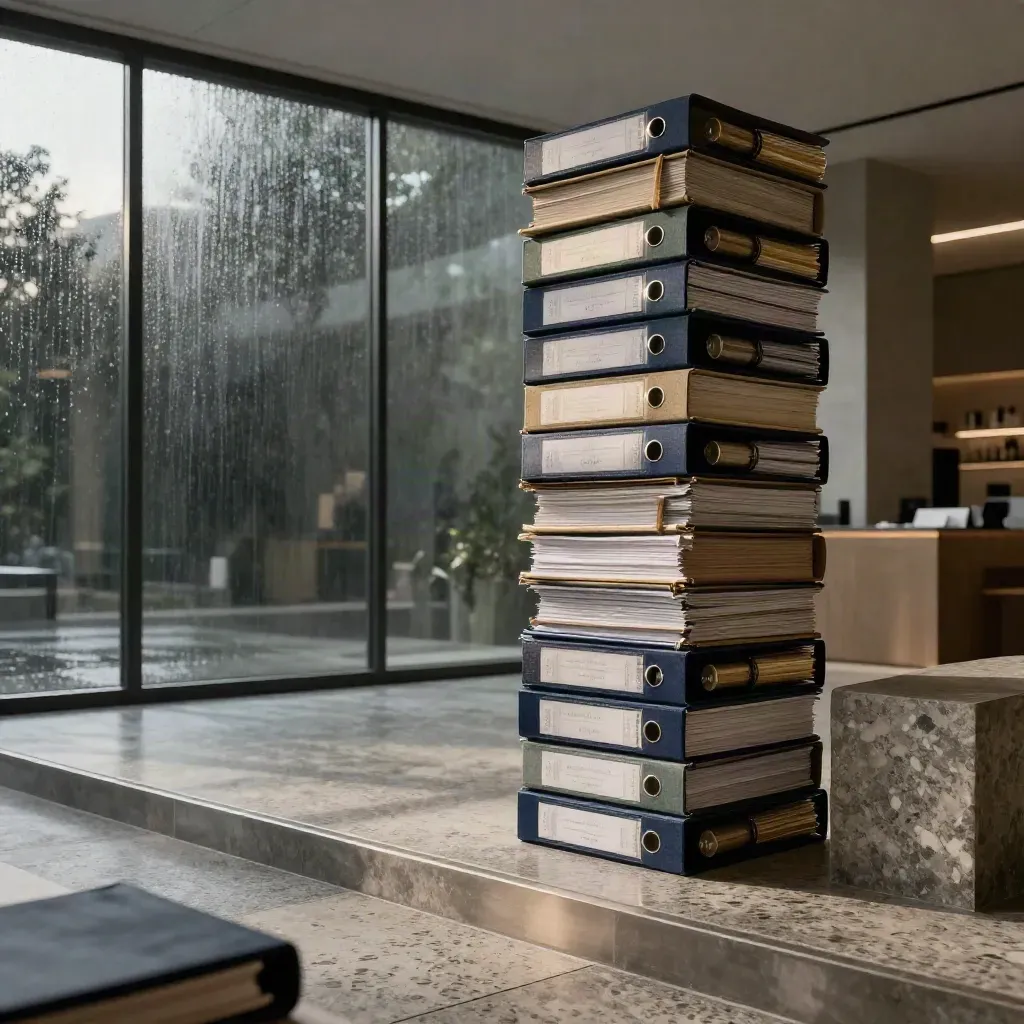 Torre di moduli e cartelle in un foyer moderno, luce dorata dopo il temporale.