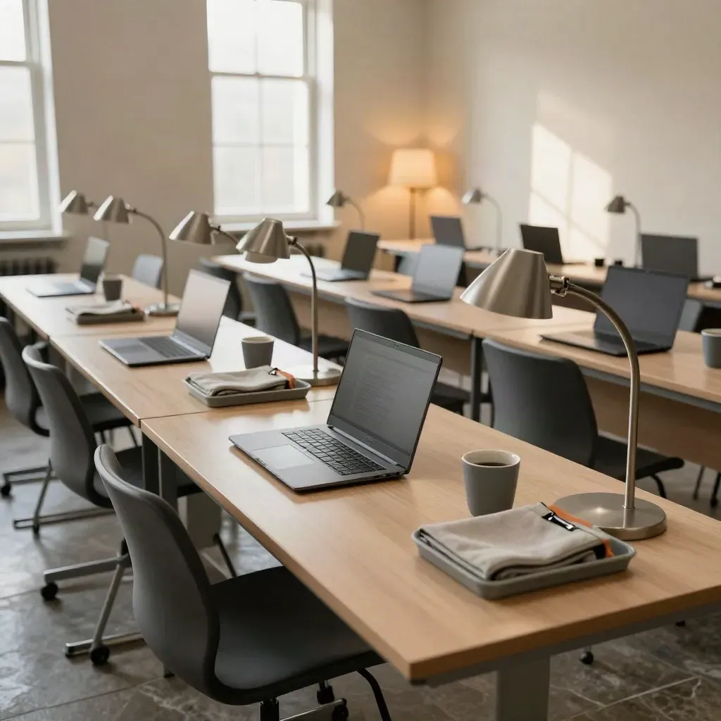 Otto postazioni ordinate in una sala formazione silenziosa, con laptop chiusi e luce del pomeriggio.