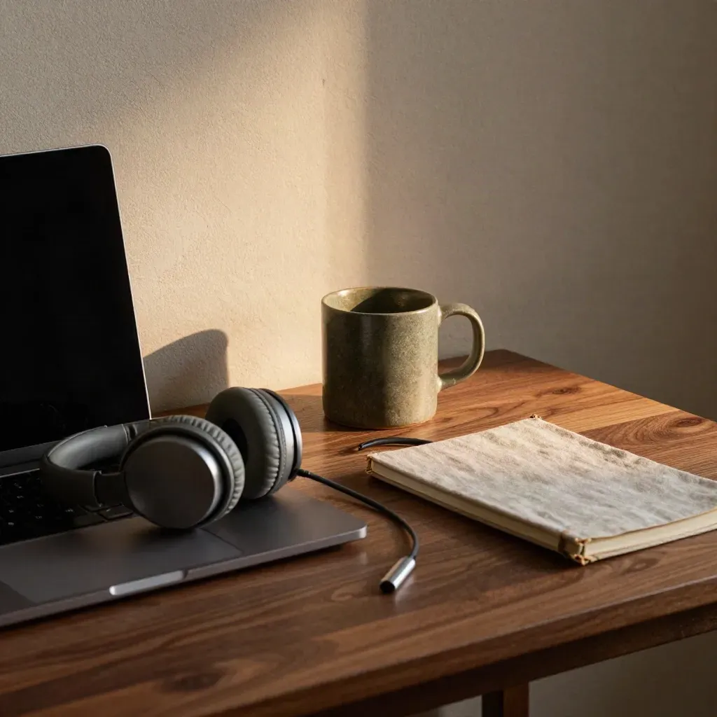 Scrivania domestica con laptop chiuso, cuffie, tazza e quaderno sotto luce serale