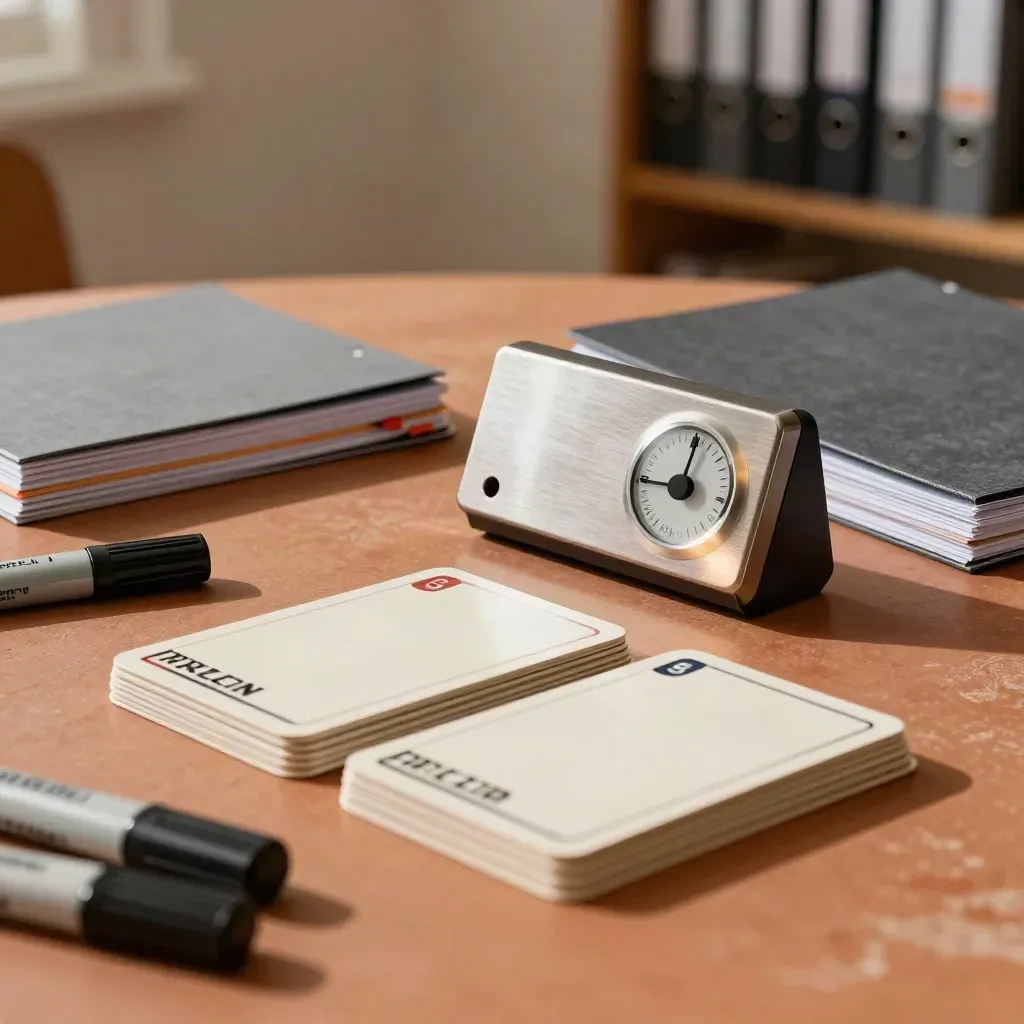 Kit di preparazione certificazioni con flashcard, timer e cartellina su tavolo terracotta.