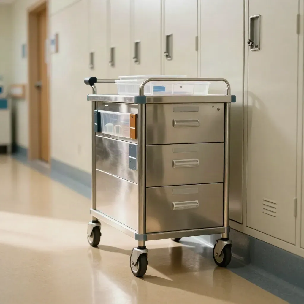 Corsia ospedaliera vuota con carrello sanitario pronto e luce morbida.