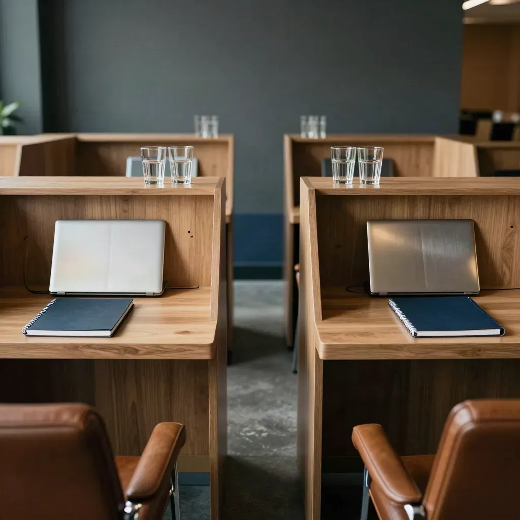 Due postazioni executive gemelle vuote con notebook chiusi e sedute coordinate in una sala coaching.