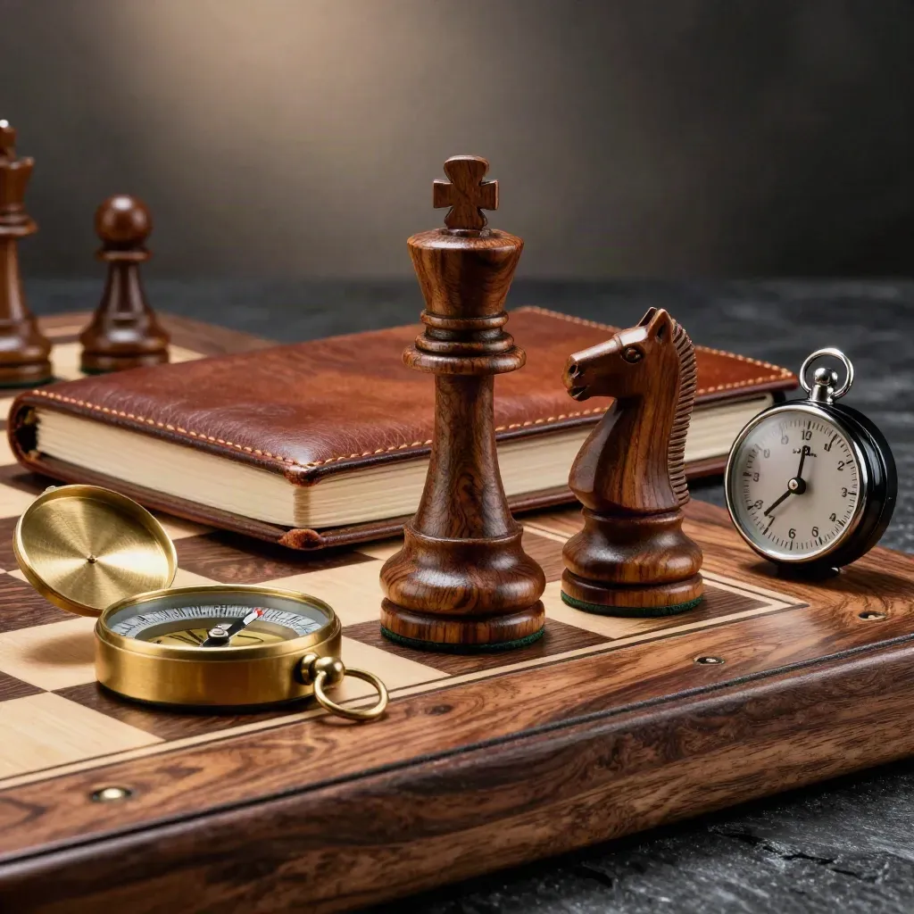 Scacchiera in legno, taccuino in pelle, bussola e timer meccanico in luce drammatica.