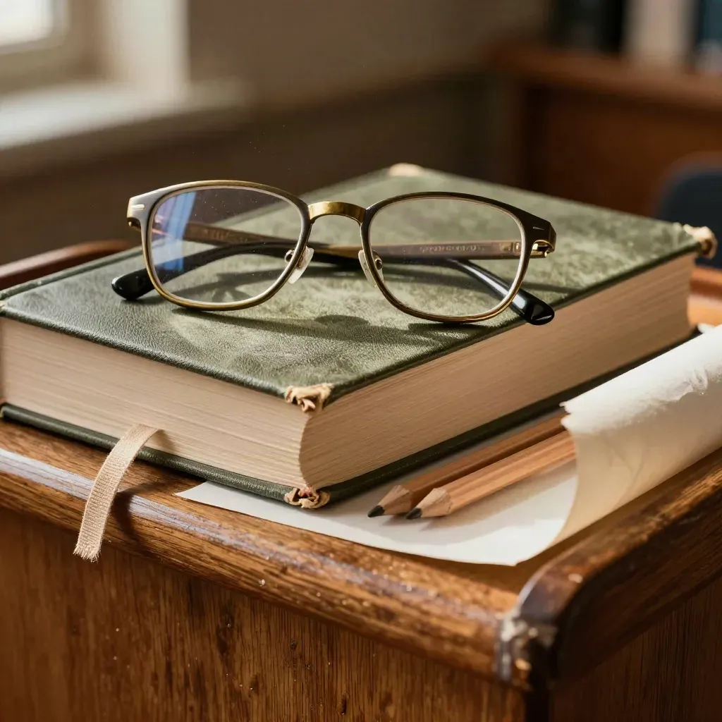 Libri consumati, occhiali e matite su legno, con luce radente e polvere fine.