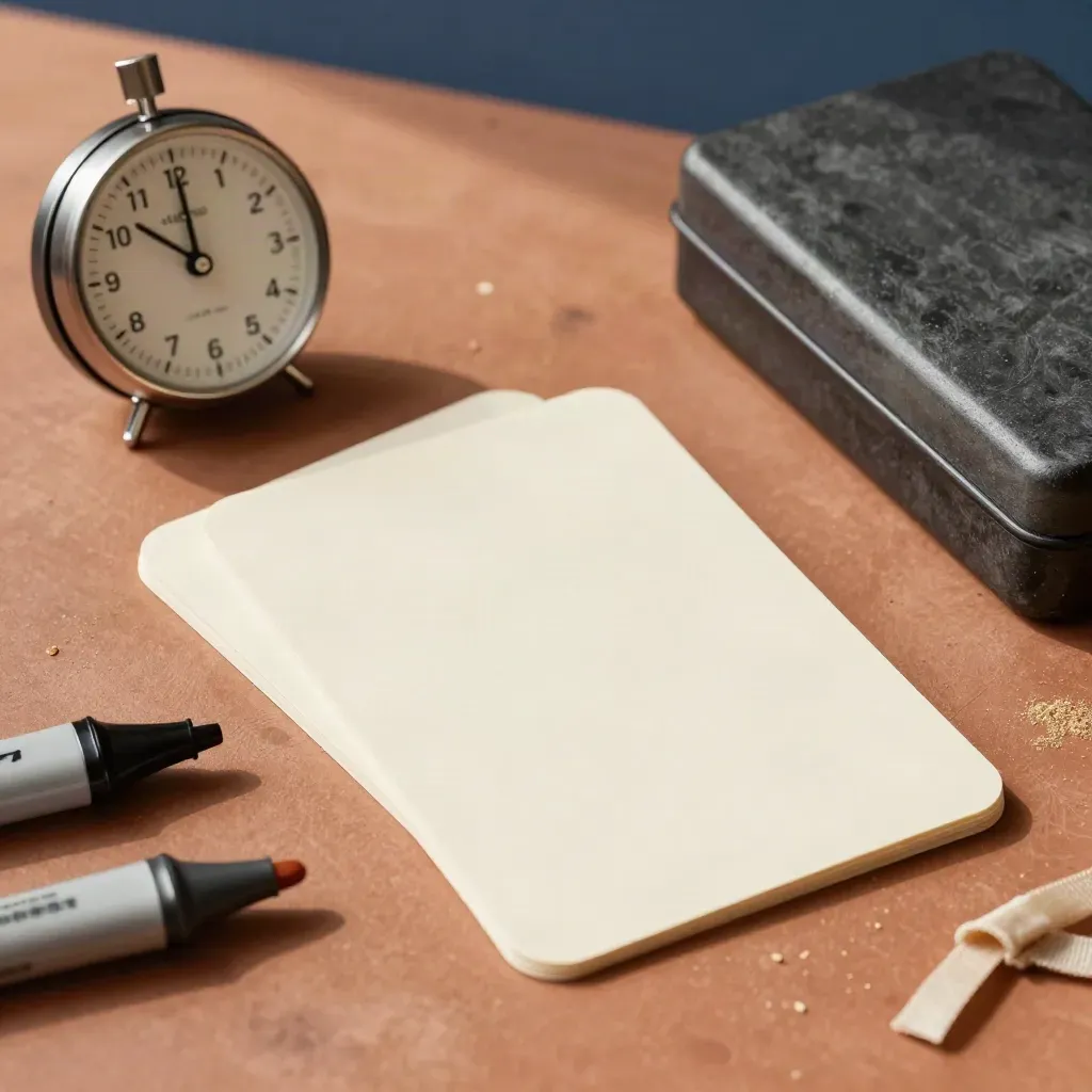 Flat lay di timer meccanico, flashcard e segnapagina su terracotta, luce morbida.