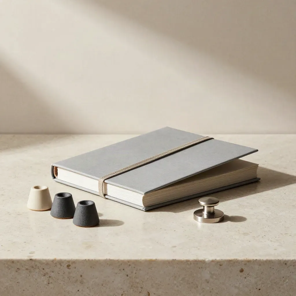 Cartellina chiusa, segnapunti in ceramica e sigillo metallico su base in pietra.