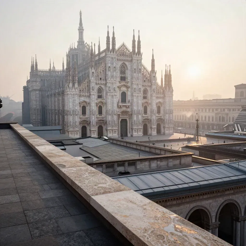 Duomo di Milano alto nella foschia sopra tetti morbidi e luce dell’alba