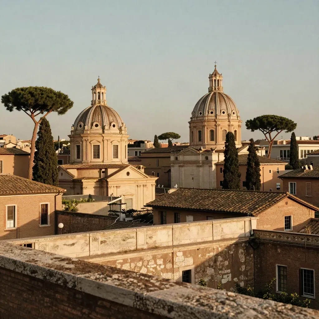 Roma al tramonto con cupole e pini marittimi sopra terrazze di pietra chiara, cielo velato.