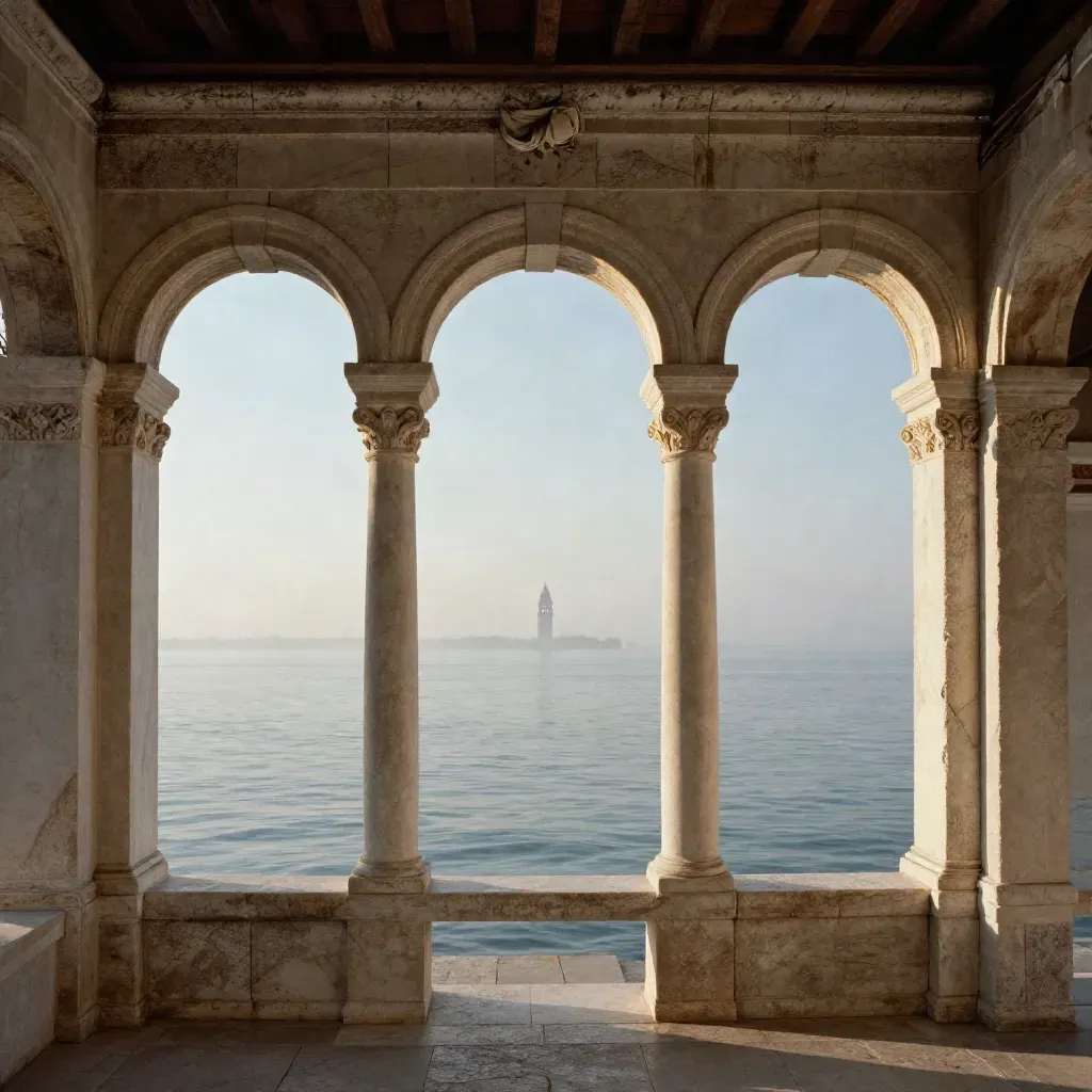 Loggia veneziana al crepuscolo sulla laguna, con campanile lontano e acqua calma.