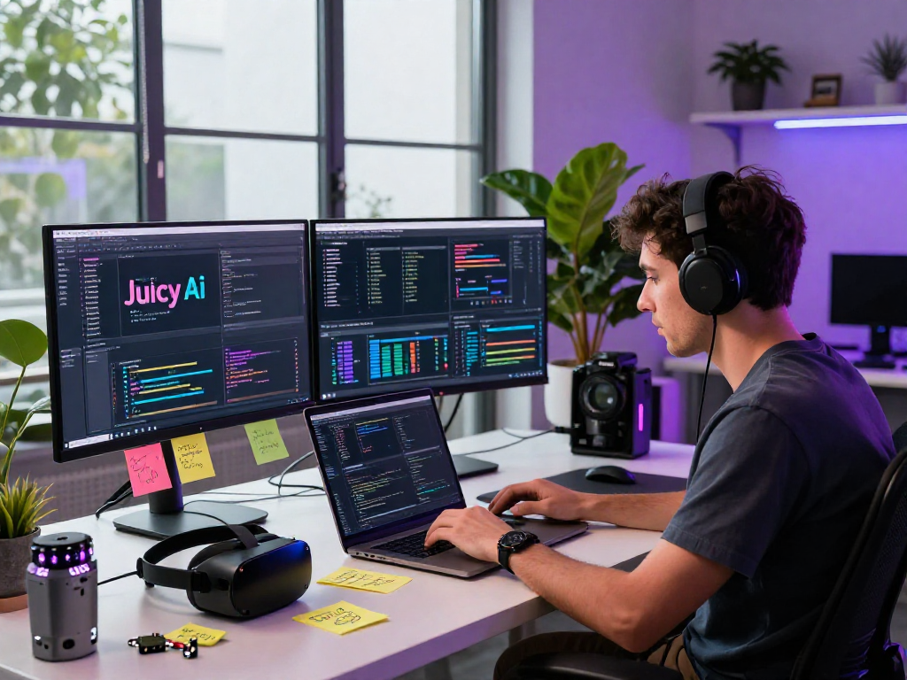 Juicy ai software analytics on large monitors in modern tech workspace.