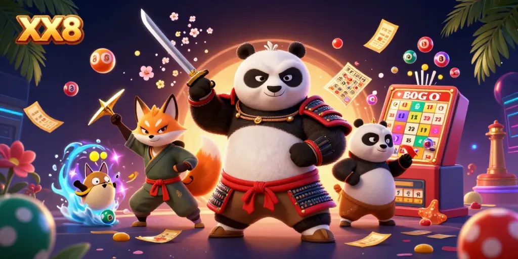 Experience thrilling Baccarat gameplay with XX8's dynamic casino illustration featuring a samurai panda and fox.